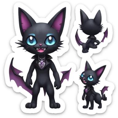   cool edgy kawaii anime-style ethereal dark-punk-themed animal vampiric cat-hybrid Fakemon with fangs and bat-wing-ears with a collar full body sticker