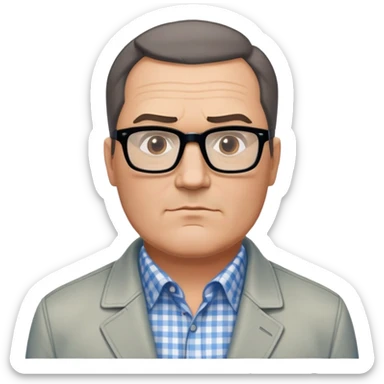 50-year-old heavyset man with very wide face and prominent square jawline. Short straight hair combed to the side, not balding. Large dark square glasses. Serious-relaxed expression. Light gray jacket that fits his larger frame, white shirt with blue checkered pattern. sticker