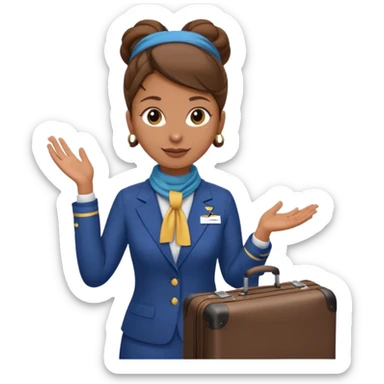 flight attendant, Light Brown skin, brown hair in single bun, neck scarf, suitcase sticker