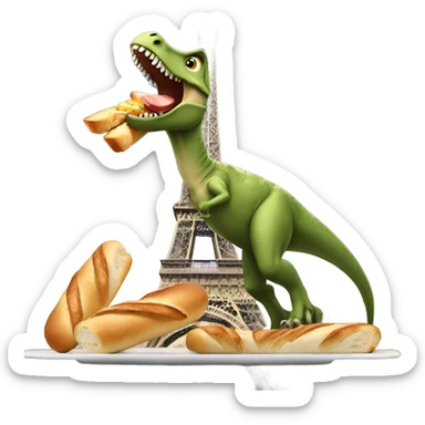 Trex with wings eating baguette on top of Eiffel Tower  sticker