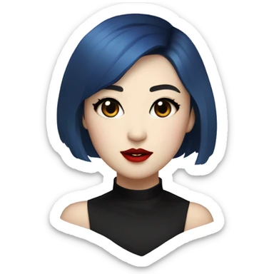 Dani Kim A Korean-white woman with short blue asymmetric bobbed hair, rounded heart-shaped face, red lipstick, black eyeliner and mascara wings, and black choker collar sticker