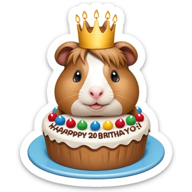 Guinea pig with a cake that’s says “Happy 20th Birthday Bianca” sticker