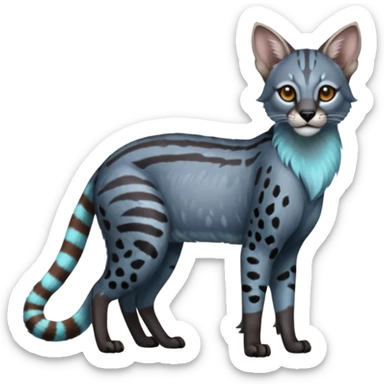 Realistic patterned marked edgy bluish greyish blackish whitish silvery coppery Shiny Colorful Dusky Dark Gloomy Glossy Genet-Caracal-Lion-Bobcat-fusion-animal-hybrid-creature, full body, tufted ears, long thin tufted tail sticker