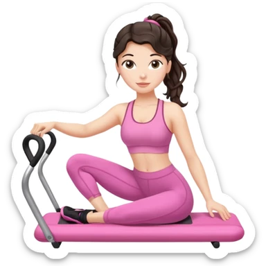 european white woman with dark wavy hair in ponytail using a pink set doing pilates sticker