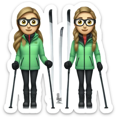 Green-eyed, overweight female skier with long straight hair, glasses, light grey snow jacket, long black pants, black only snow boots, wearing black skis standing tall. sticker