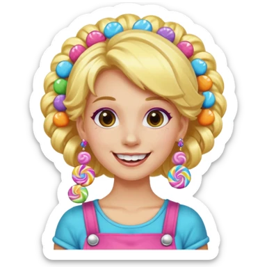 candy shop vendor, looking like candy with candy earrings and candy hair with big smile and blond hair sticker