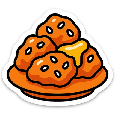 honey chicken, close-up, sticky glaze, sesame seeds, food icon, colorful outlined style sticker