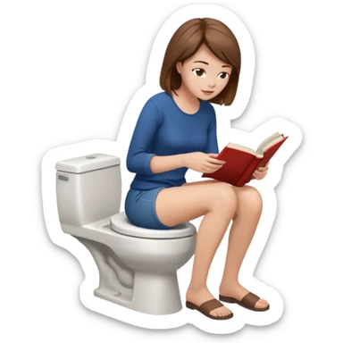 A woman is sitting on the toilet, her pants are pulled down and she it reading a book. Side view sticker