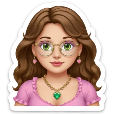 Girl long wavy brown hair with middle part. green gold eyes, plus size, pink frilly top,  gold nose ring, small heart crystal necklace. Gold rimmed glasses sticker