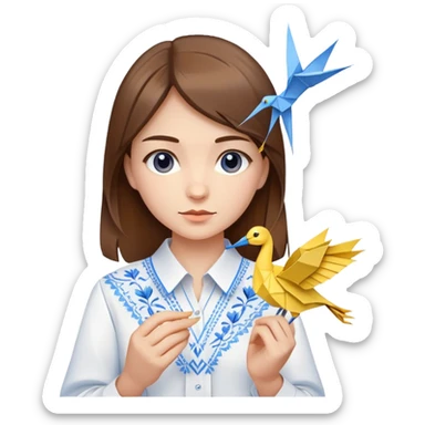 Ukrainian young girl with brown hair wearing a white embroidered shirt holds an origami yellow-blue crane sticker