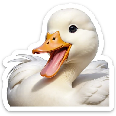 Cinematic Cute Yawning White Duck Portrait Emoji, Head tilted slightly with a dramatic, wide-open yawn, showcasing a soft, downy white plumage with gently drooping wings, round eyes barely open in drowsy contentment, Simplified yet irresistibly adorable features, highly detailed, glowing with a soft, cozy glow, high shine, relaxed yet expressive, stylized with a touch of whimsy, bright and endearing, soft glowing outline, capturing the essence of a sleepy yet affectionate duck, so drowsy it feels like it could float out of the screen and curl up for a nap! sticker