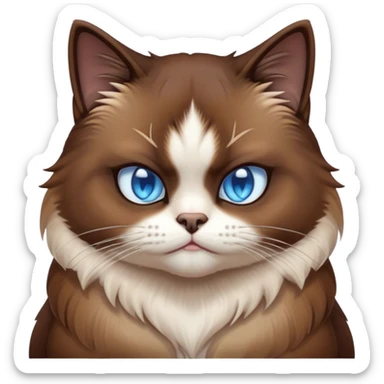 Cinematic Grumpy Brown Mantle Snowshoe Cat Portrait Emoji, Head tilted slightly with a deeply unimpressed expression, rich brown fur blanketing its back, contrasted by its signature white paws, chest, and face, piercing icy-blue eyes narrowed into an unamused glare, Simplified yet comically expressive features, highly detailed, glowing with a dry, sarcastic glow, high shine, effortlessly judgmental yet dignified, stylized with a touch of cynicism, bright but brooding, soft glowing outline, capturing the essence of an eternally unimpressed yet endearing feline, so lifelike it feels like it could sigh heavily at you in disdain at any moment! sticker