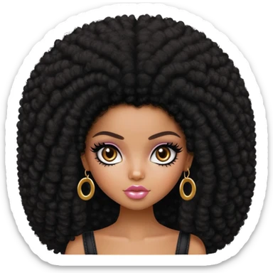 pretty bratz girl, dark black big afro, dark brown eyes, y2k fashion, black eyeliner, deep brown skin sticker