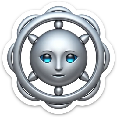 abstract amulet emoji, liquid metal form, symmetrical design, mystical futuristic 3D icon, isolated on white sticker