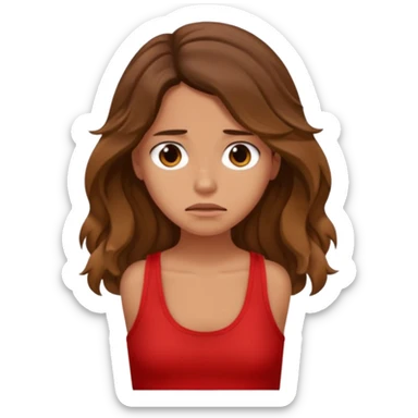 generate a pretty tan bratz girl with brown wavy hair long wearing a red tank top looking sad sticker