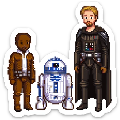 Neger meeting Ryan Gosling in a Star Wars costume with simple background in pixel art style sticker