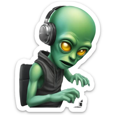 alien producing a hiphop track in a music studio sticker