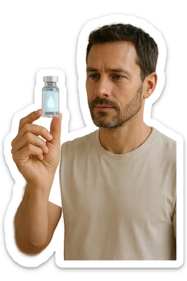 A realistic, high-quality cinematic photo of a health-conscious man in his late 30s holding a small clear glass vial filled with structured, informatized water used in kinesiological treatments. The man is standing in a bright, clean holistic therapy studio with wooden furniture and plants, looking at the vial with a focused, hopeful expression. The vial has a minimalist label with a water droplet symbol, glowing softly to symbolize its informational energy properties. The atmosphere is calm, professional, and filled with natural light, conveying the holistic, gentle yet advanced nature of kinesiological practices sticker