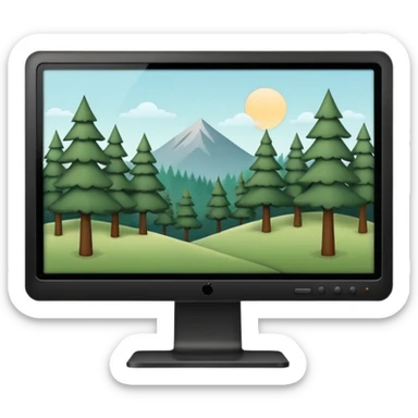 Minimalistic flat vector icon, iOS style, thin black contour on white background. Computer monitor with a simple forest scene on the screen (trees, minimal landscape). Clean, no text, no shadows sticker