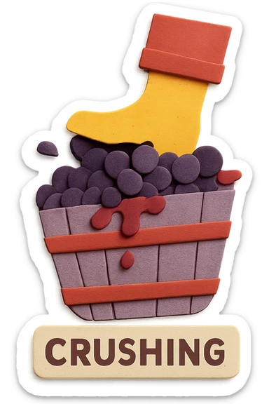 Create an icon representing the 'crushing' step in wine making, showing grapes being crushed more clearly and distinctly. Use a paper craft style with a new composition different from the original image. The background should be transparent with no background elements. sticker