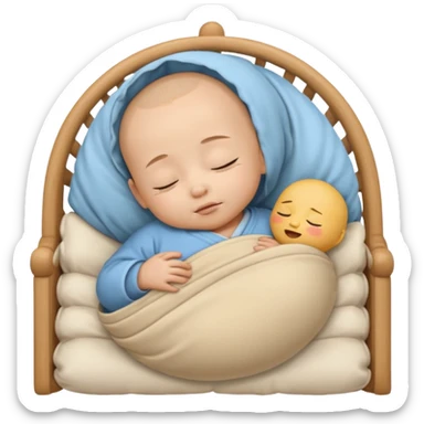 sleeping Asian baby boy swaddled, wooden crib, emoji style sticker