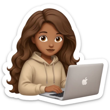 make a picture in ios 18 style of a girl with brown long wavy hair wearing cozy beige clothes and working on a laptop sticker