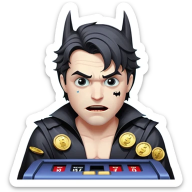 disheveled bat man losing money at a slot machine, panicked face, coins flying sticker