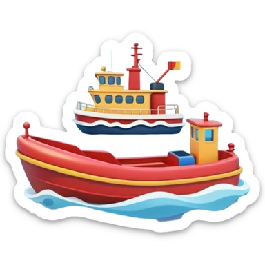 A 3D cartoon tugboat towing another boat on calm blue water, soft waves, clear sky, Memoji-style. sticker