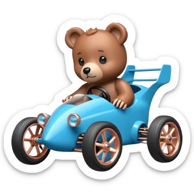 dar crystal blue and rosegold-accented rc racing car driven by a small cute Freddy bear with rear spoiler, safety cage, and wheely bar sticker