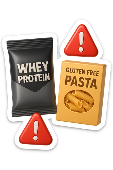 SU QUESTO STILE FAI UN EMOJI STILE IPHONE 3D DI UN pacco di whey protein e un pacco di pasta senza glutine che fluttuano in aria insieme a segnali di pericolo in 3d, FALLO MOLTO REALISTICO IN 3D sticker