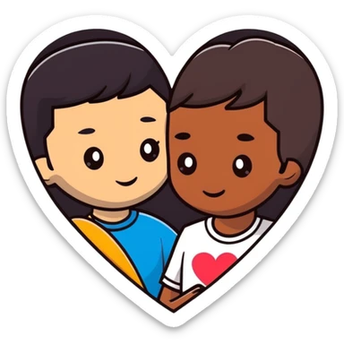 A couple with dark brown hair and mixed skin tone inside a white heart sticker