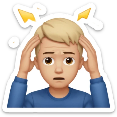 A frustrated young man holding his head, confused expression, dramatic lighting, blurred dark background, cinematic YouTube intro style, ultra-realistic. sticker