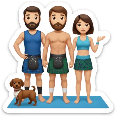 emoji of brunette man with beard wearing kilt, brunette woman in yoga outfit and white cockapoo dog sticker
