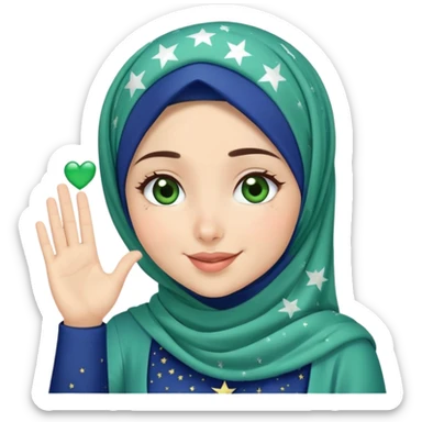 Turkish beautiful finish Konya girl blue starry hijab and green heart dress and wink her hand goodbye  sticker