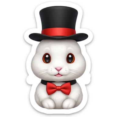 Cute emoji-style white bunny wearing a black top hat with a red band and a red bow tie, big round eyes, fluffy fur, clean mascot style, centered, transparent background, 1:1 ratio. sticker