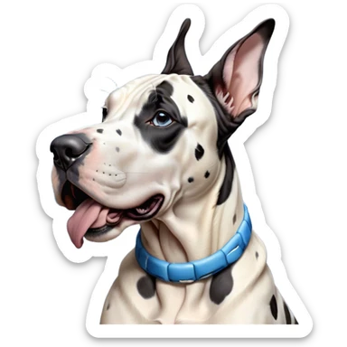 Cinematic Cute Yawning Harlequin Great Dane Portrait Emoji, Head tilted slightly with a dramatic, wide-open yawn, showcasing a smooth coat of predominantly white with bold black patches, floppy ears slightly drooping, round blue eyes barely open in drowsy contentment, Simplified yet irresistibly adorable features, highly detailed, glowing with a soft, cozy glow, high shine, relaxed yet expressive, stylized with a touch of whimsy, bright and endearing, soft glowing outline, capturing the essence of a sleepy yet affectionate guardian, so drowsy it feels like it could stretch out of the screen and curl up for a nap! sticker