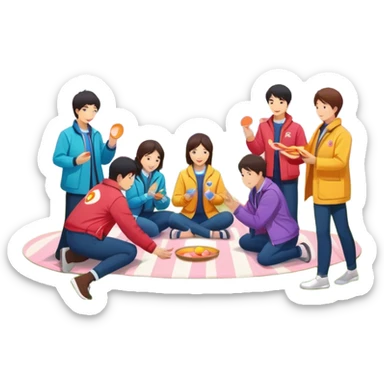 "East Asian colleagues in color-coded jackets picnic, play frisbee, and take group photos under cherry blossoms. Cloud-shaped Sunlord logo in background. Circular minimalist style." sticker