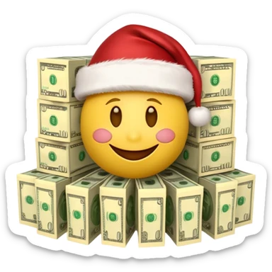A festive 3D emoji style yellow smiley face wearing a Santa hat, surrounded by stacks of cash and dollar bills, joyful expression, Christmas and New Year theme, high quality, clean design, studio lighting, no text, no background, isolated object, transparent background, emojis.com style sticker