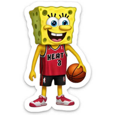 spongebob wearing red miami heat jersey holding basketball sticker
