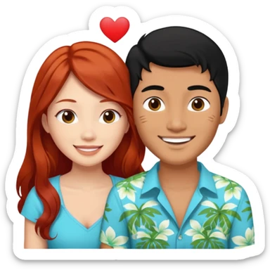 long black haired asian man in love with redhead girl in fiji sticker