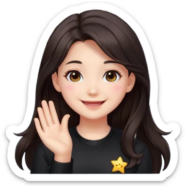 kawaii streamer girl, brunette, dark brown eyes, long dark hair, black outfit, smiling, sparkling eyes, blushing cheeks, happy expression, small stars around, emoji icon sticker