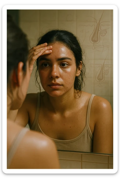 A realistic, cinematic portrait of a young woman in her late 20s with medium skin tone, sitting in front of a mirror in a softly lit bathroom. Her facial skin appears oily with a noticeable shine on her forehead, nose, and cheeks due to overactive sebaceous glands caused by PCOS. Small acne spots are visible along her jawline and chin, highlighting hormonal imbalance. She gently touches her forehead with her fingertips, checking the oiliness with a slightly concerned expression. Her dark hair is tied loosely, showing a few strands sticking to the sides of her face because of excess sebum. Subtle overlays of scientific diagrams of sebaceous glands can be softly blended into the background, symbolizing the overproduction of sebum. The atmosphere is clean and realistic, with warm daylight tones and a soft depth of field, ensuring emotional connection while maintaining medical educational value. 35mm film style, highly detailed skin texture and reflections on the oily areas for a hyperrealistic effect in italiano sticker