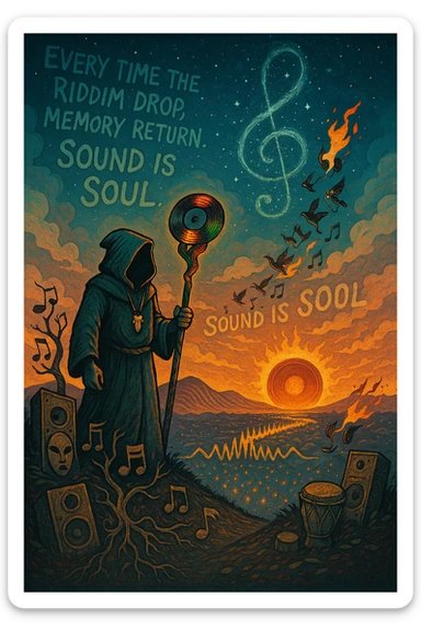 Create a mythical, animated-style poster set in a timeless world where sound is sacred. At the center, a hooded guardian of rhythm stands on a hill, overlooking a vast land shaped like a giant soundwave.

He holds a staff made of melted vinyl records, glowing with faint reggae colours — red, gold, and green. Around his neck is a lion’s fang pendant, and behind him, a swirling constellation shaped like a treble clef lights the sky.

From the earth, roots twist upward into musical notes, connecting instruments, speakers, and ancestral masks half-buried in the soil.

A flock of birds made from broken headphones and fire rises from the horizon — flying toward a glowing sun that pulses like a subwoofer.

Below, scattered across the valley, are tiny glowing embers — each one representing a soul still dancing, still alive.

In the sky, faint words form from the clouds:
“Every time the riddim drop, memory return. Sound is soul.”

The artwork should feel ancient, futuristic, and sacredly street — part graffiti, part prophecy, part roots revival. sticker