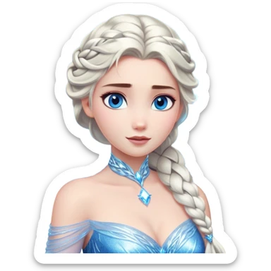 Cinematic Stunning Elsa Portrait Emoji, Ice-blue gown shimmering, platinum hair flowing in a graceful braid, piercing blue eyes glowing with icy magic, an aura of regal power and breathtaking beauty, frozen elegance at its finest! sticker