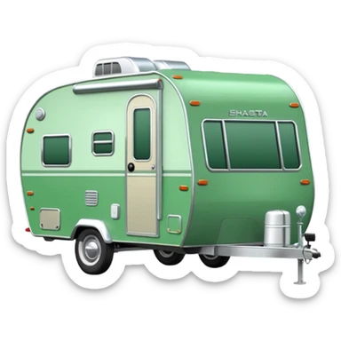 Shasta travel trailer, single wheel axle, colored all green, the same green shade as movie trailer green preview card, light grey tires and grey hitch sticker