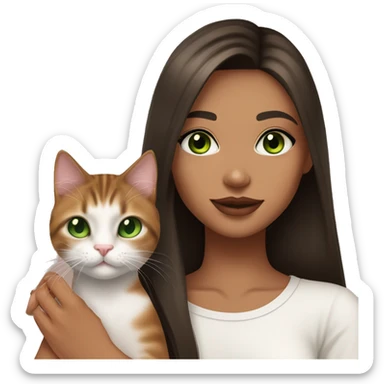 A girl with green eyes and dark brown straight hair, and makeup nude lipstick  and eyelashes, slightly tanned, oval light pink fingernails ,white top, holding a brown tabby cat with green eyes  sticker