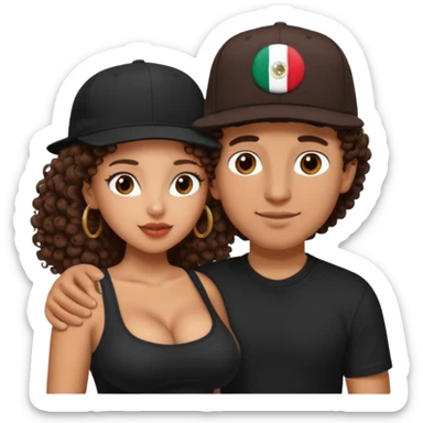 A picture of a tanned couple embracing. the guy is Mexican, with a bald hair cut and he has a SnapBack hat on. The girl is mixed, the girl is wearing a black shirt, the girl has brown curly big hair and the girl has big boobs  sticker