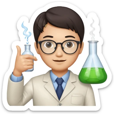 asian chemistry teacher wearing glasses holdin a flask pointing right sticker