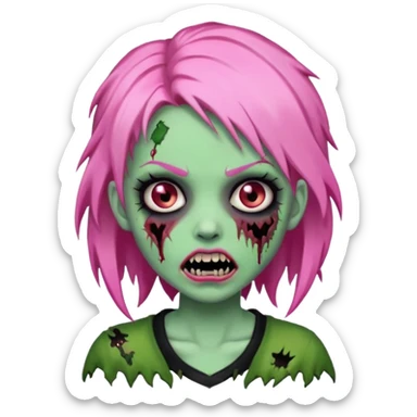 zombie girl with pink, black and green hair with fangs sticker