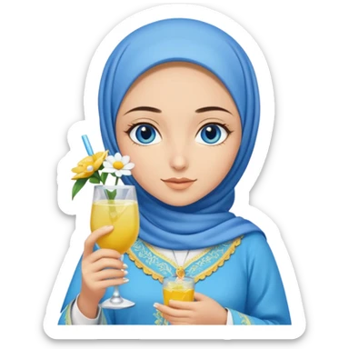 Turkish beautiful finish Konya girl blue eyes with blue hijab islamic dress and had on her hand white yellow flower mocktail sticker